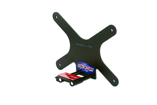 Black metal bracket with a small red and black object on a white background