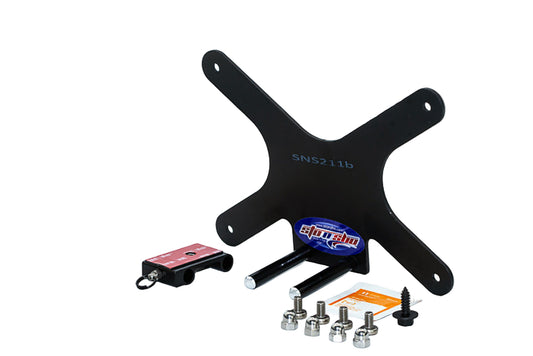 Black metal bracket with screws and a small red device on a white background